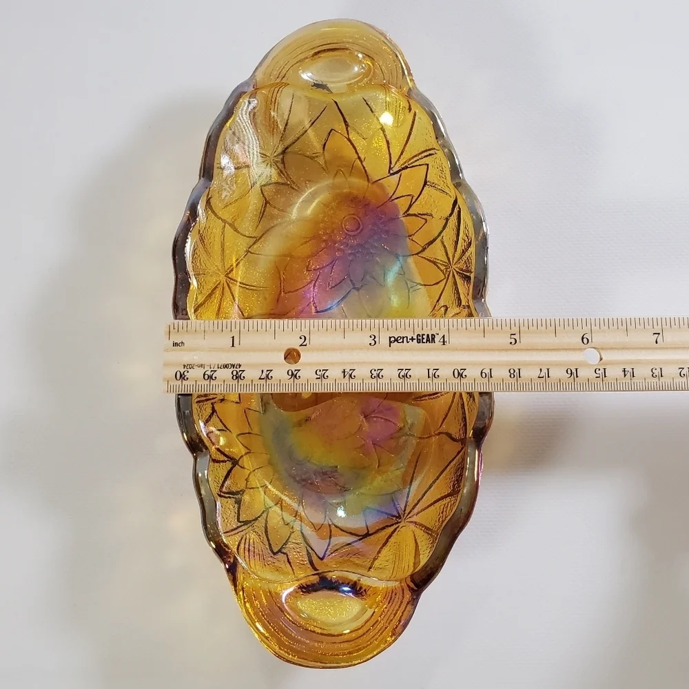 Indiana Glass Carnival Iridescent Amber Pickle Relish Dish Vintage